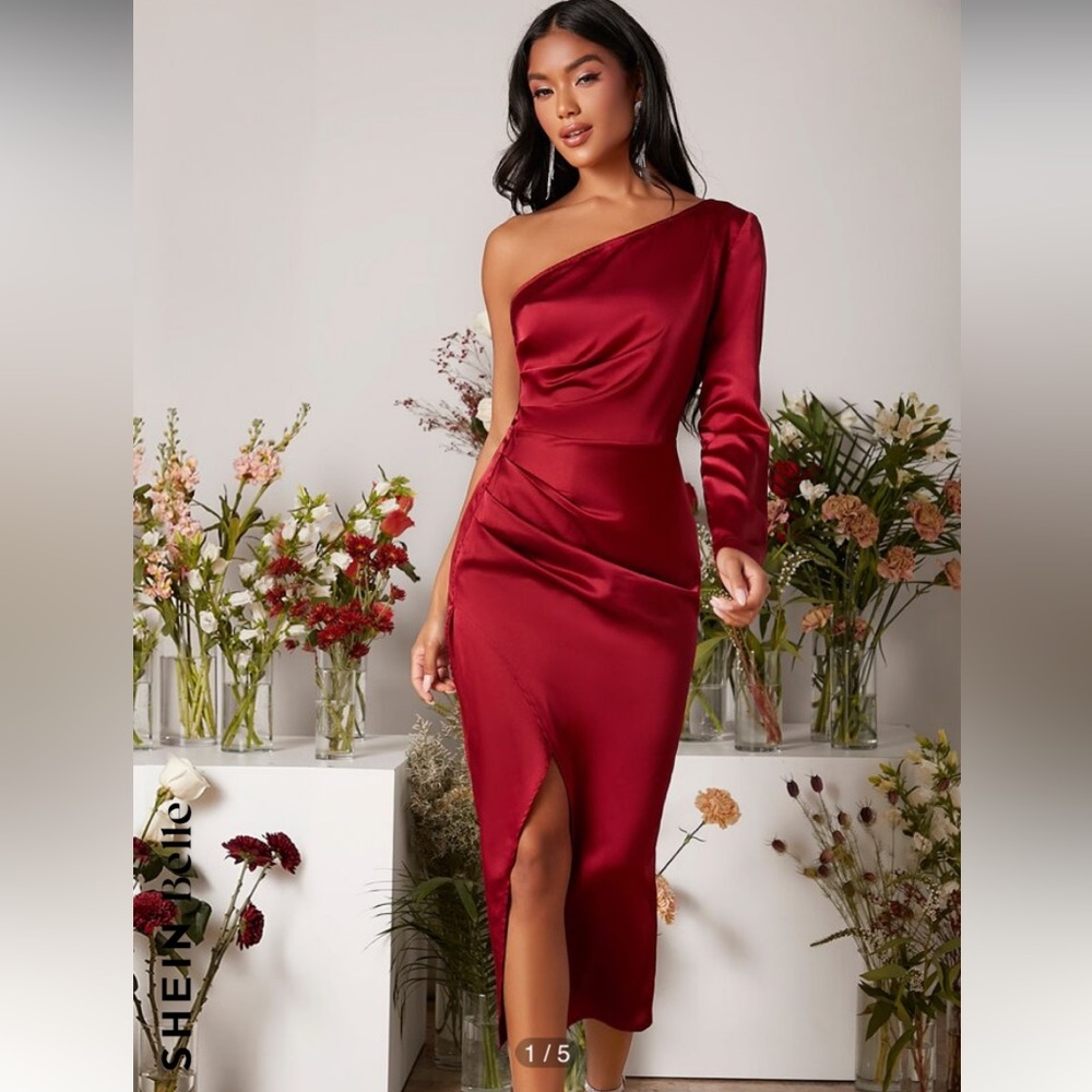 🍯Shein One Shoulder Ruched Midi Length Gown with Front Slit